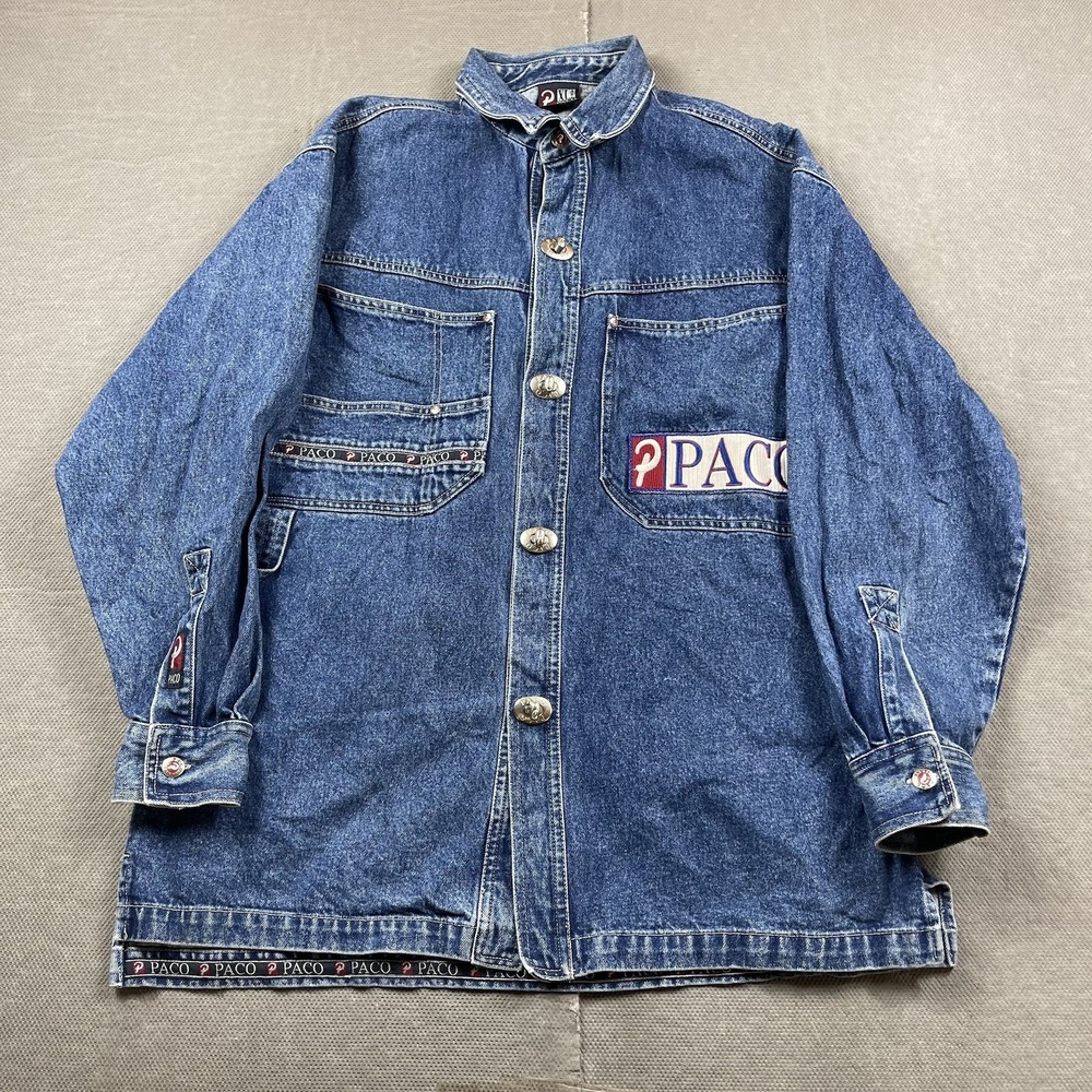 Vintage Paco Jacket Mens XL Blue Denim Jean‎ Chore Coat Embroidered Button Y2K
